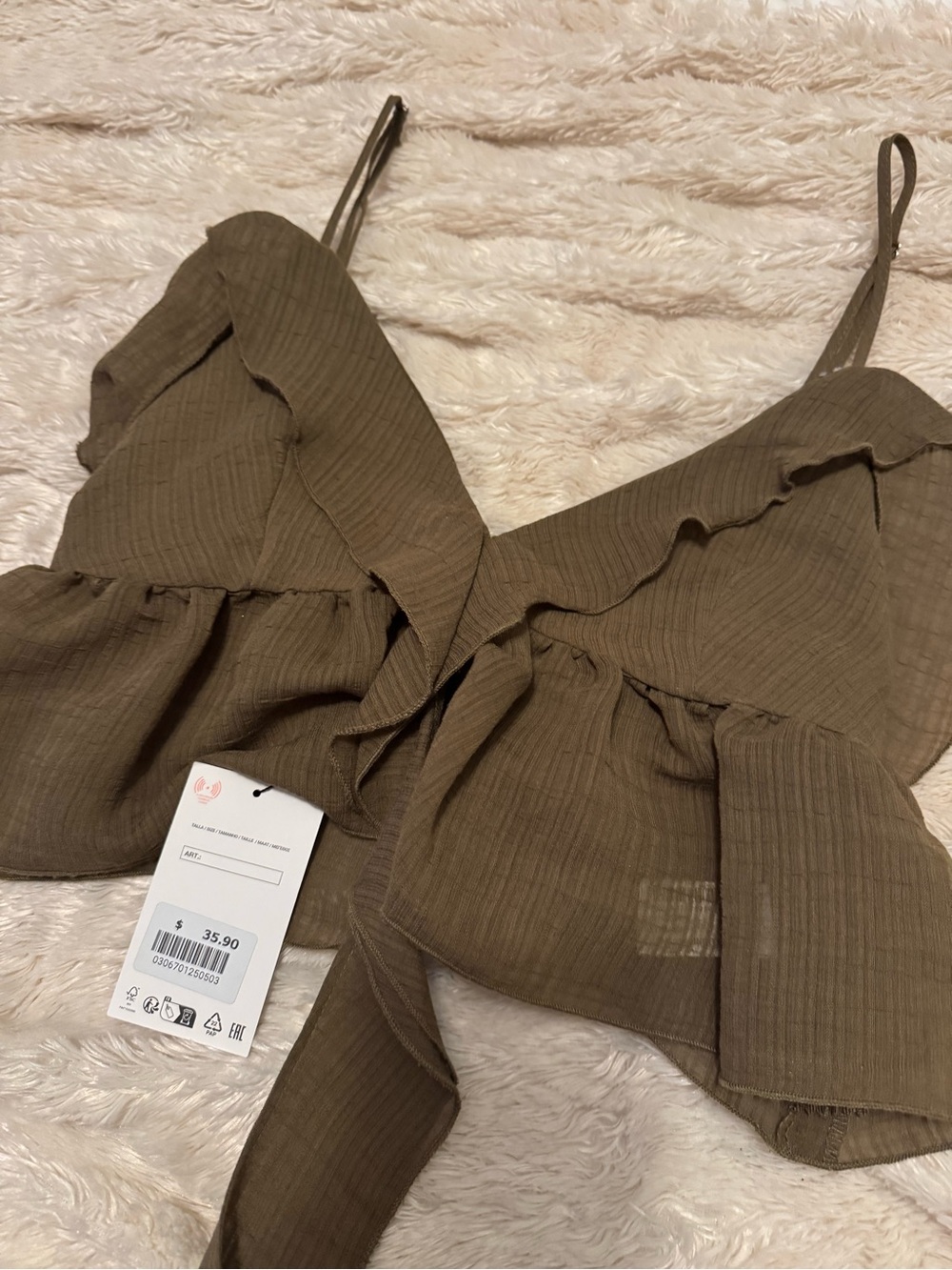 NWT Zara Ruffle Tie-Front Cami Top in Olive Brown